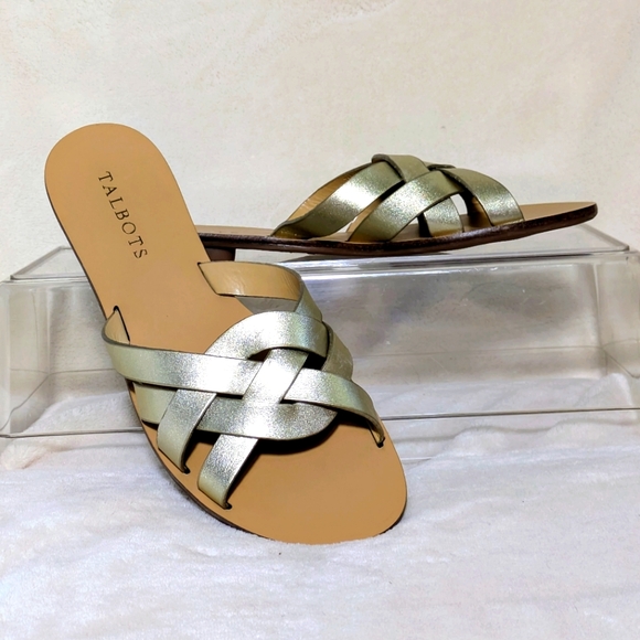 Talbots Shoes - Talbots Gold Metallic Flat Slides, Leather Upper, Summer Casual Comfortable Sz 7